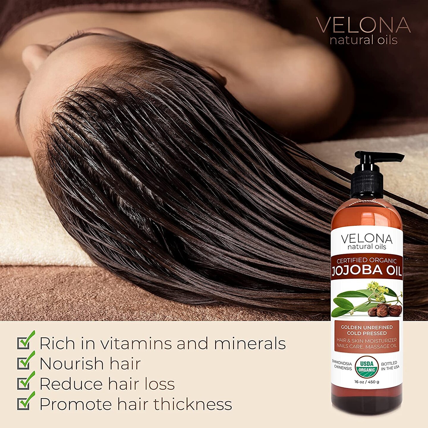 Velona Jojoba Oil USDA Certified Organic - 32 oz | 100% Pure and Natural Carrier Oil| Golden, Unrefined, Cold Pressed, Hexane Free | Moisturizing Face, Hair, Body, Skin Care, Stretch Marks, Cuticles | Use Today - Enjoy Results