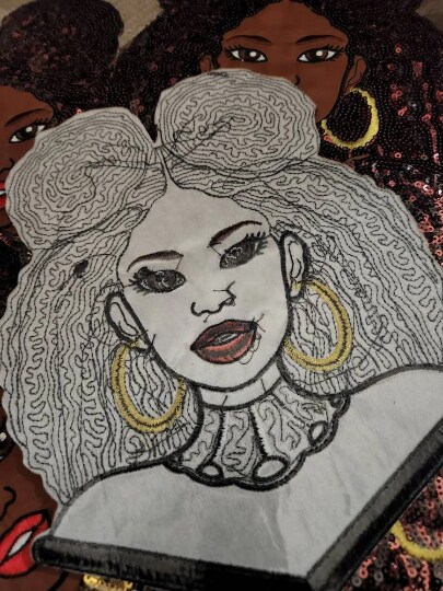 Patch Party Club “Satin and Sequins: Afro Puff Cutie” Iron-On Embroidered Patch, Size 10”