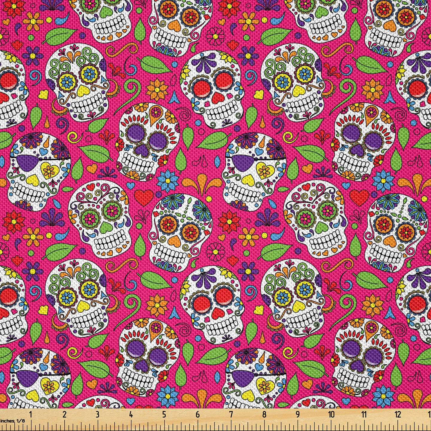 Ambesonne Sugar Skull Fabric by The Yard, All Saints Day Oriental Mexican Flowers Hearts Vibrant Design Print, Decorative Satin Fabric for Home Textiles and Crafts, 1 Yards, Hot Pink Purple Green