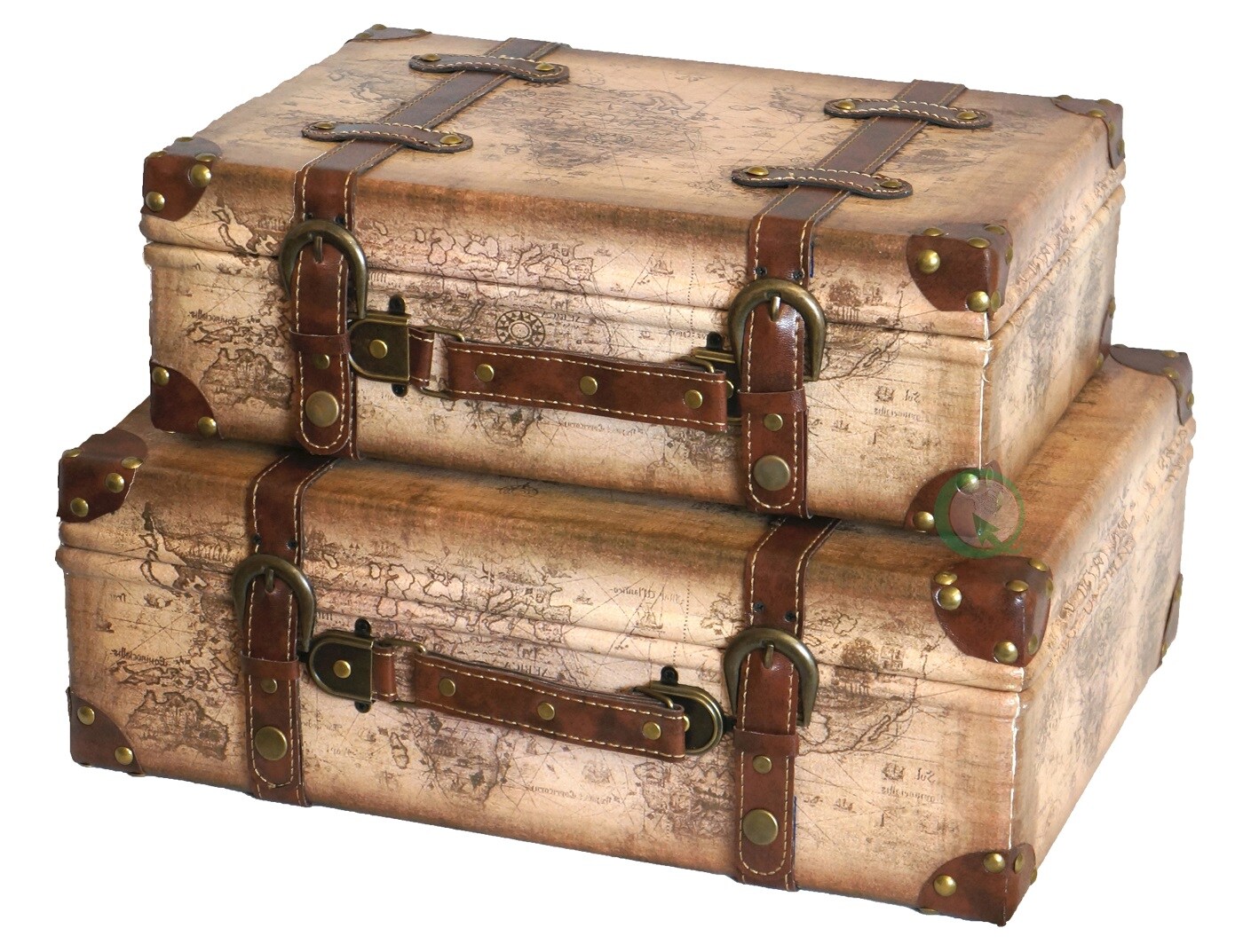 Old World Map Leather Vintage Style Suitcase with Straps, Set of 2