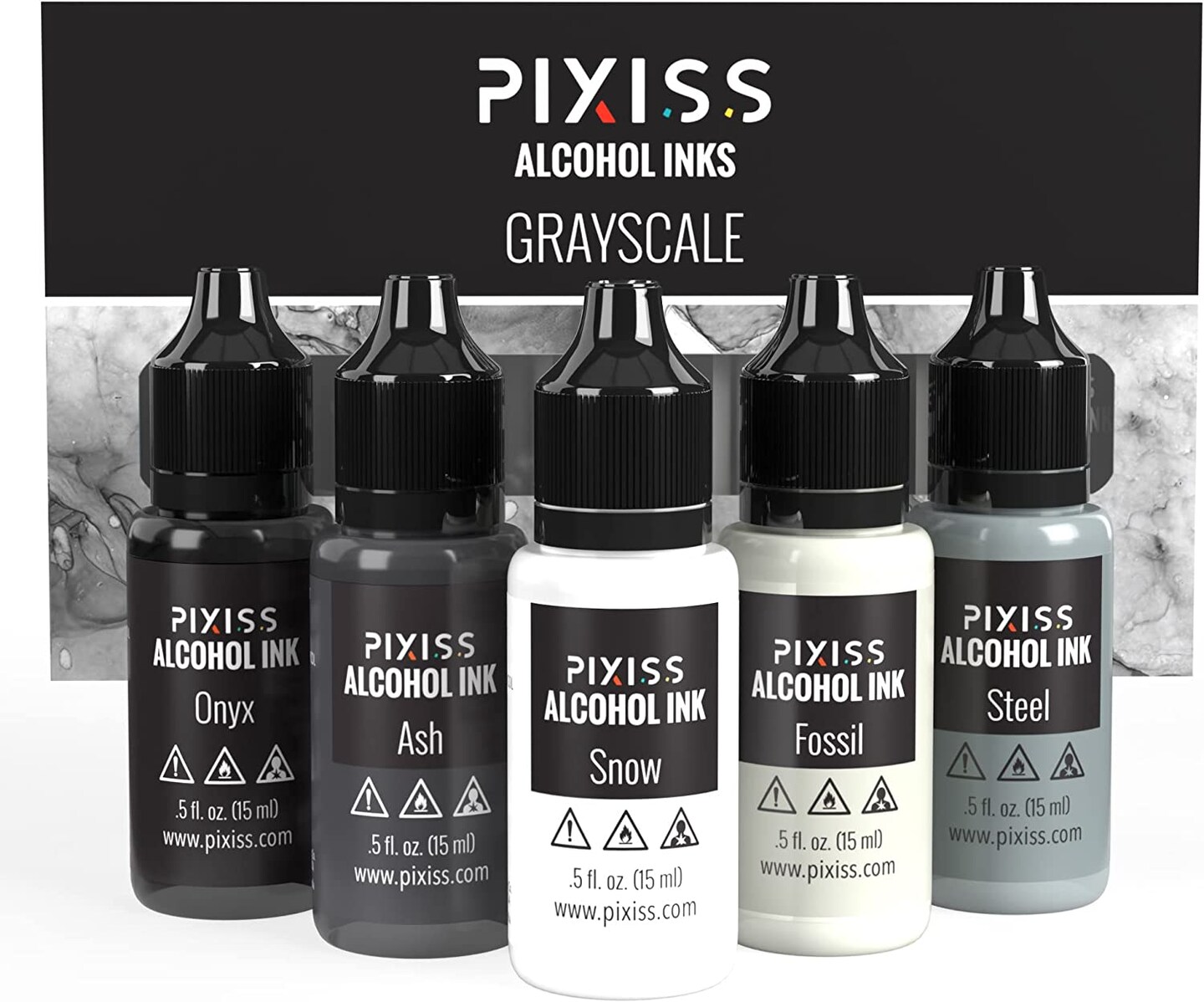 Pixiss Greyscale Alcohol Inks Set, 5 Highly Saturated White to Black Alcohol  Inks