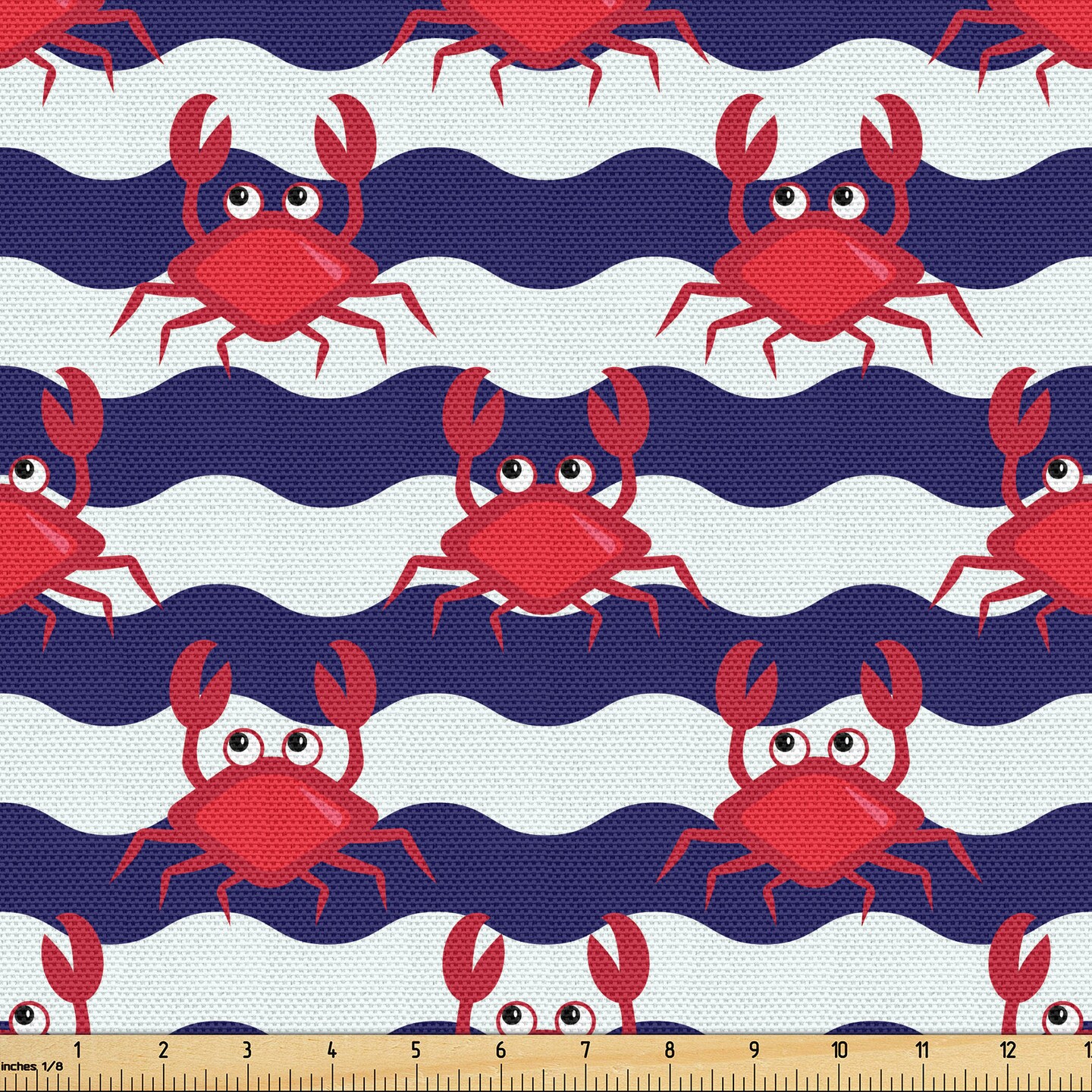 Ambesonne Crabs Fabric by The Yard, Nautical Maritime Theme Crabs on Striped Background Illustration Print, Decorative Fabric for Upholstery and Home Accents, 5 Yards, Red Blue