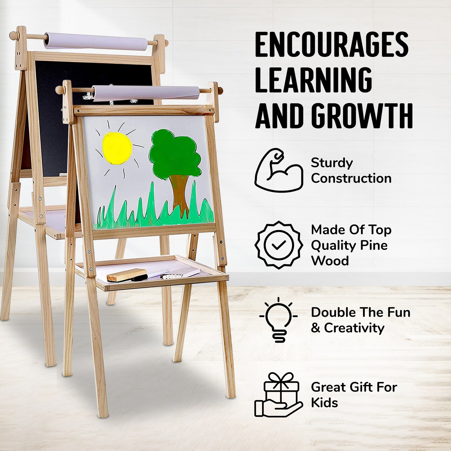QZMTOY Kids Art Easel, Deluxe Standing Easel Set, Adjustable Art Table,  Magnetic Dry Erase Board&Chalkboard Double Sided Stand, 360°Rotating  Drawing