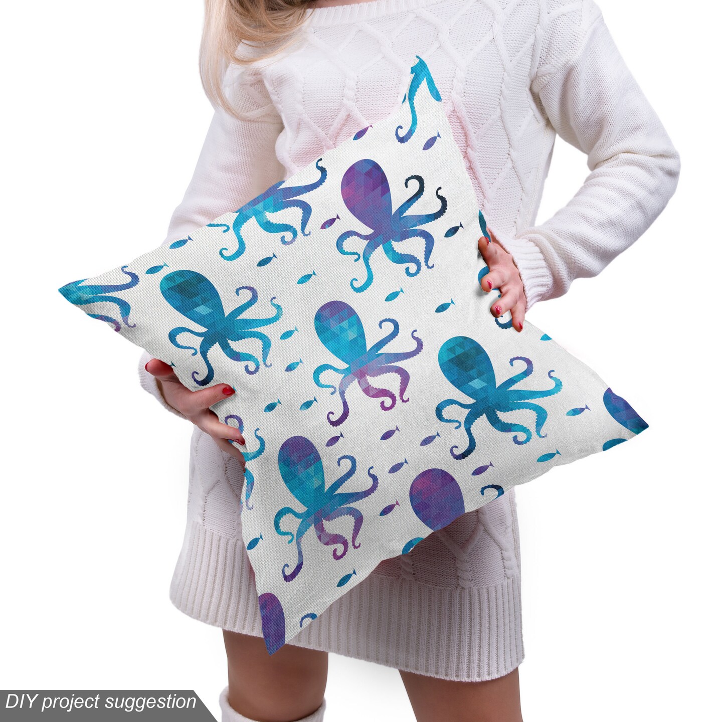 Ambesonne Octopus Fabric by The Yard, Mosaic Pattern Marine Animal Silhouettes Abstract Nautical Polygonal Design, Decorative Fabric for Upholstery and Home Accents, 3 Yards, White Purple