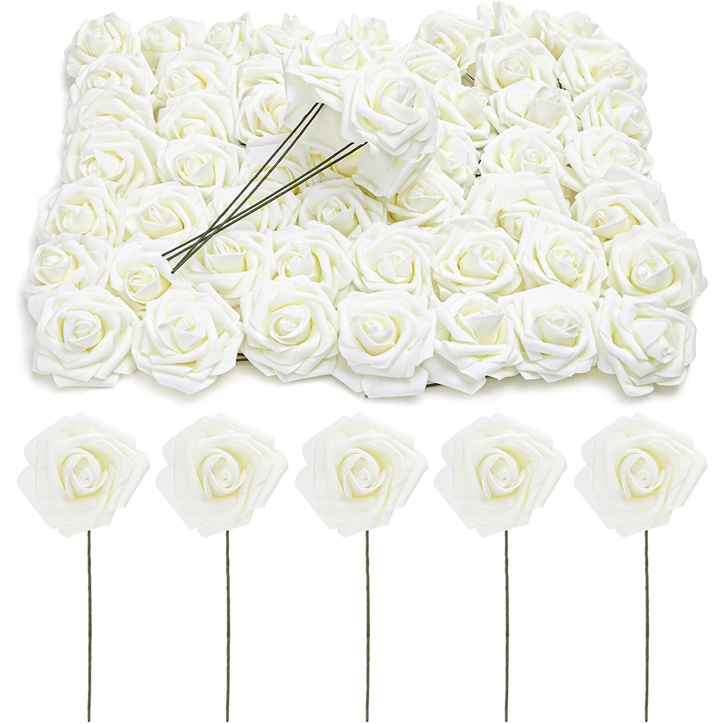 Bright Creations 3&#x22; Artificial Rose Flowers 60pcs Real Looking Fake Rose with Stem for DIY Wedding Bouquets and Bridal Shower, Cream