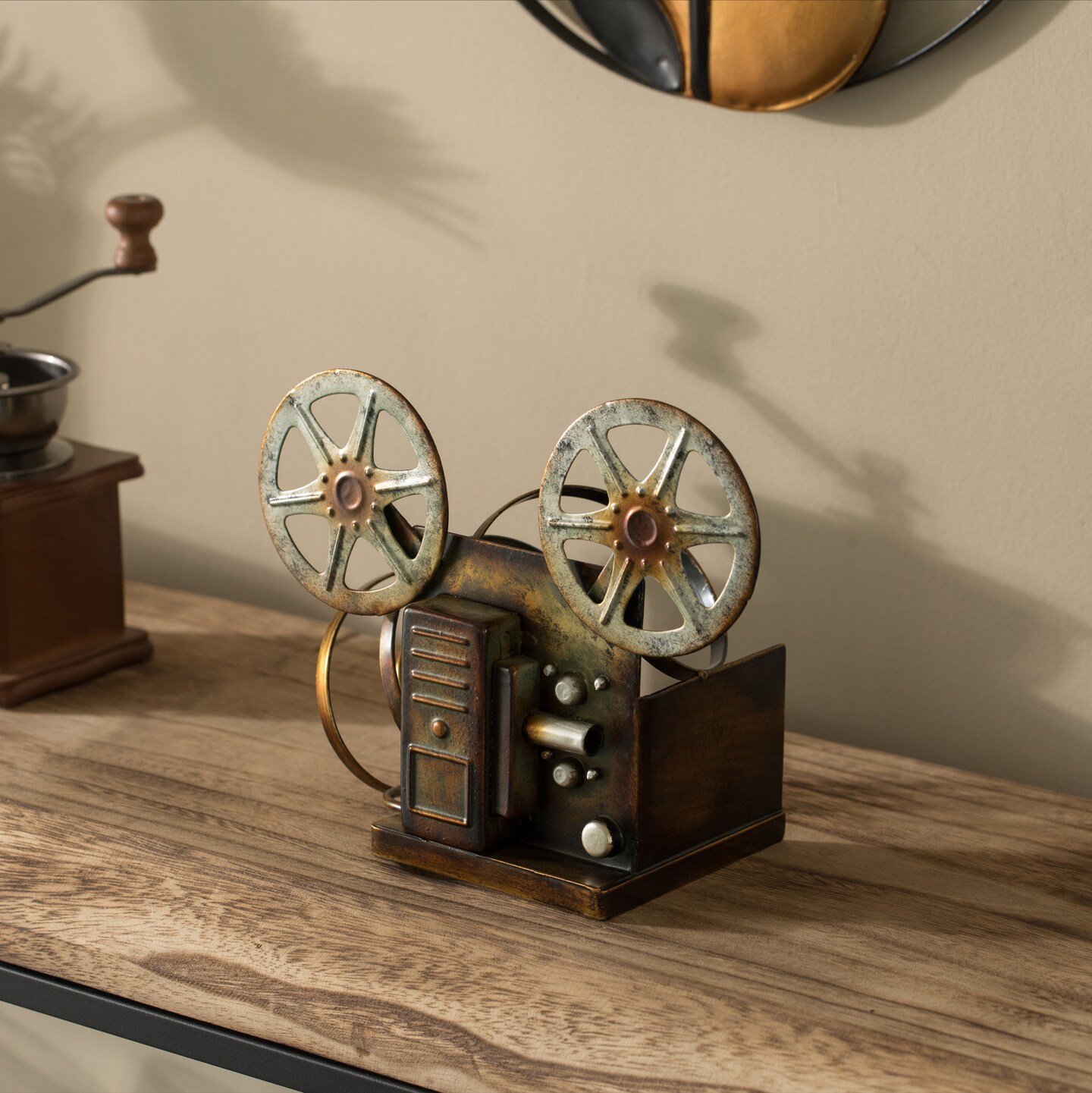 Decorative Bronze Metal Vintage Single Bottle Film Projector Wine Holder for Tabletop or Countertop