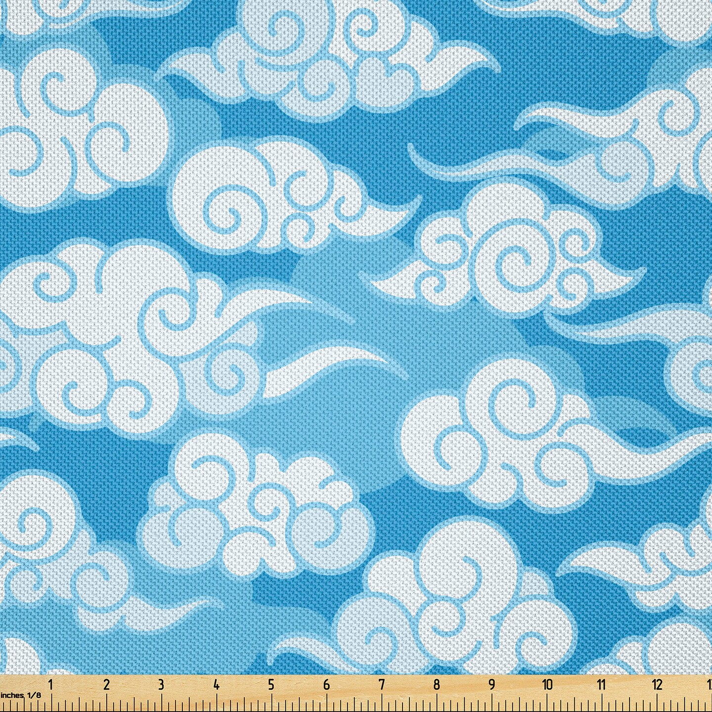 Ambesonne Blue and White Fabric by The Yard, Far Eastern Japanese Style Cloud Motifs Swirled Sky Elements, Decorative Satin Fabric for Home Textiles and Crafts, 2 Yards, Azure Blue