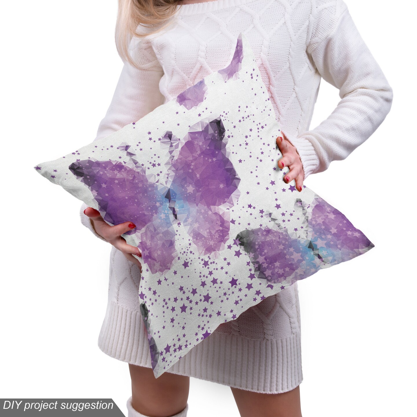 Ambesonne Butterfly Fabric by The Yard, Surreal Star Patterned Background with Polygonal Butterflies Modern, Decorative Fabric for Upholstery and Home Accents, 1 Yard, Blue Purple