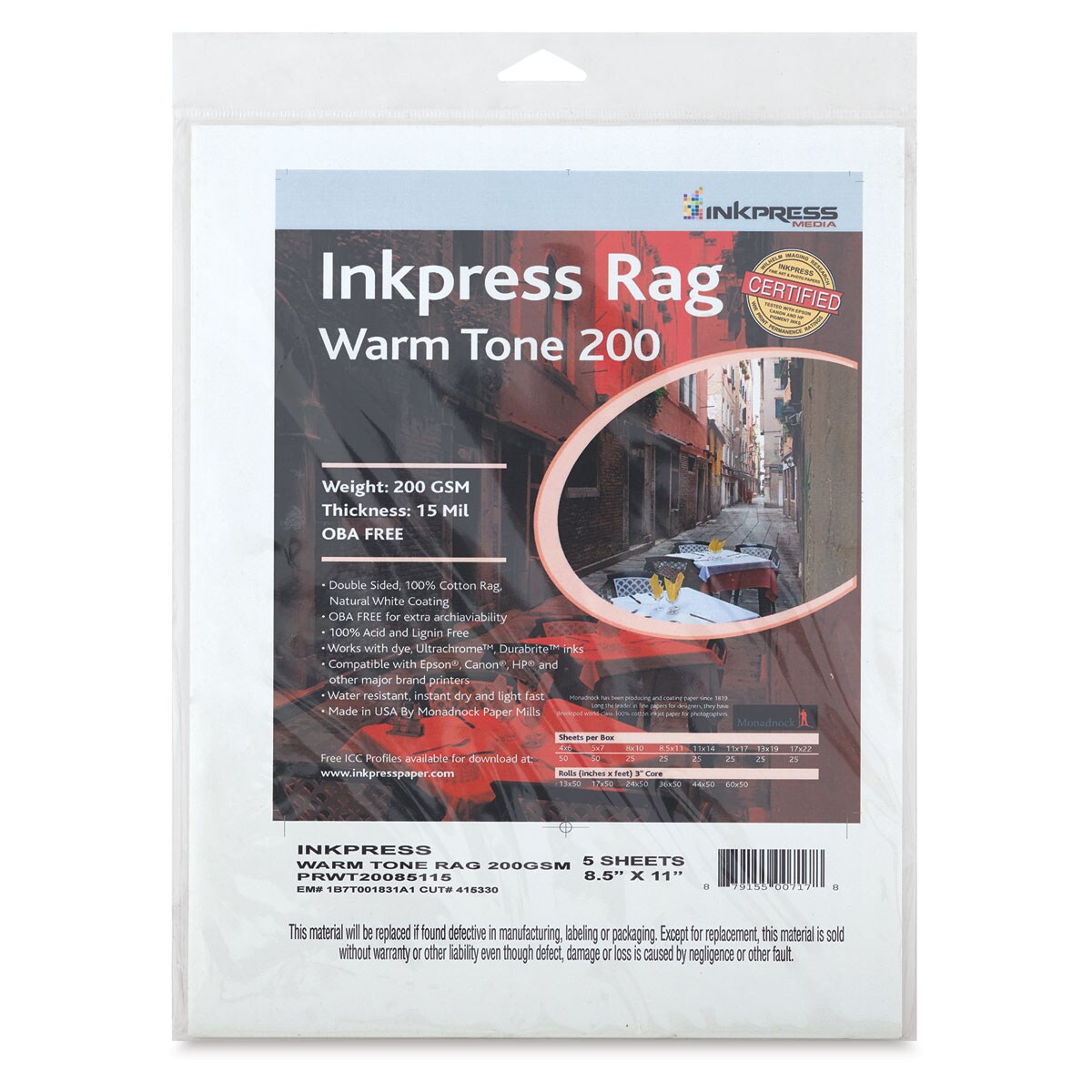 Inkpress Rag Digital Paper - Warm Tone, 200 gsm, 8-1/2" x 11", 25 Sheets
