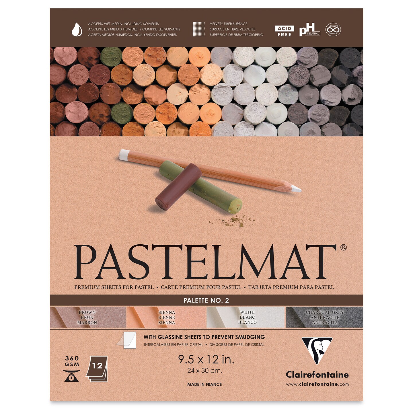 Clairefontaine Pastelmat Pad - 9-1/2&#x22; x 12&#x22;, Assorted, Palette No. 2, 12 Sheets