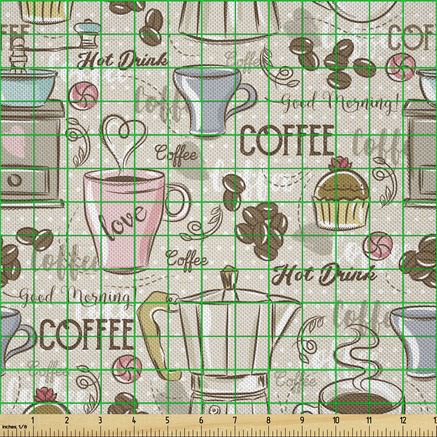 Ambesonne Modern Fabric by The Yard, Coffee Time Vintage Espresso Machine Cupcakes Beans Design, Decorative Satin Fabric for Home Textiles and Crafts, 10 Yards, Pale Pink Beige