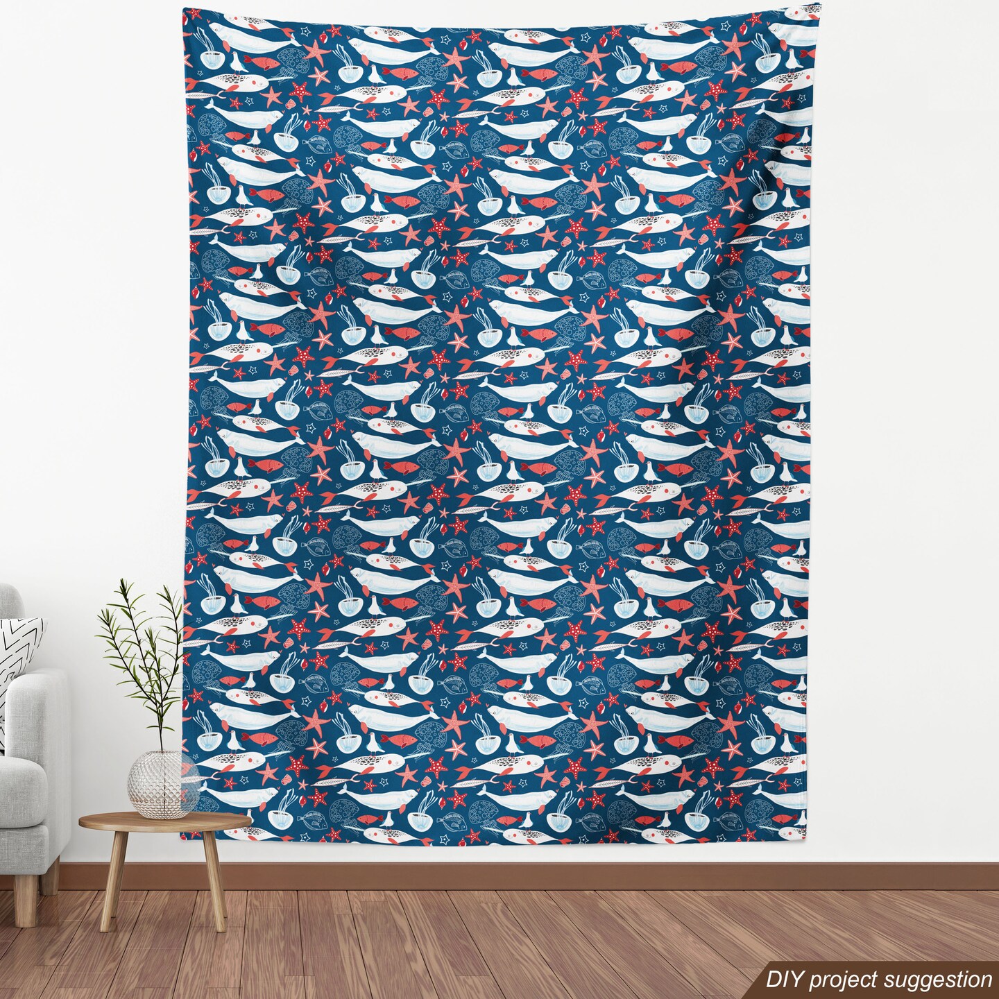 Ambesonne Narwhal Fabric by The Yard, Arctic Ocean Fauna Fish and Jellyfish Sketch, Decorative Fabric for Upholstery and Home Accents, 3 Yards, Royal Blue