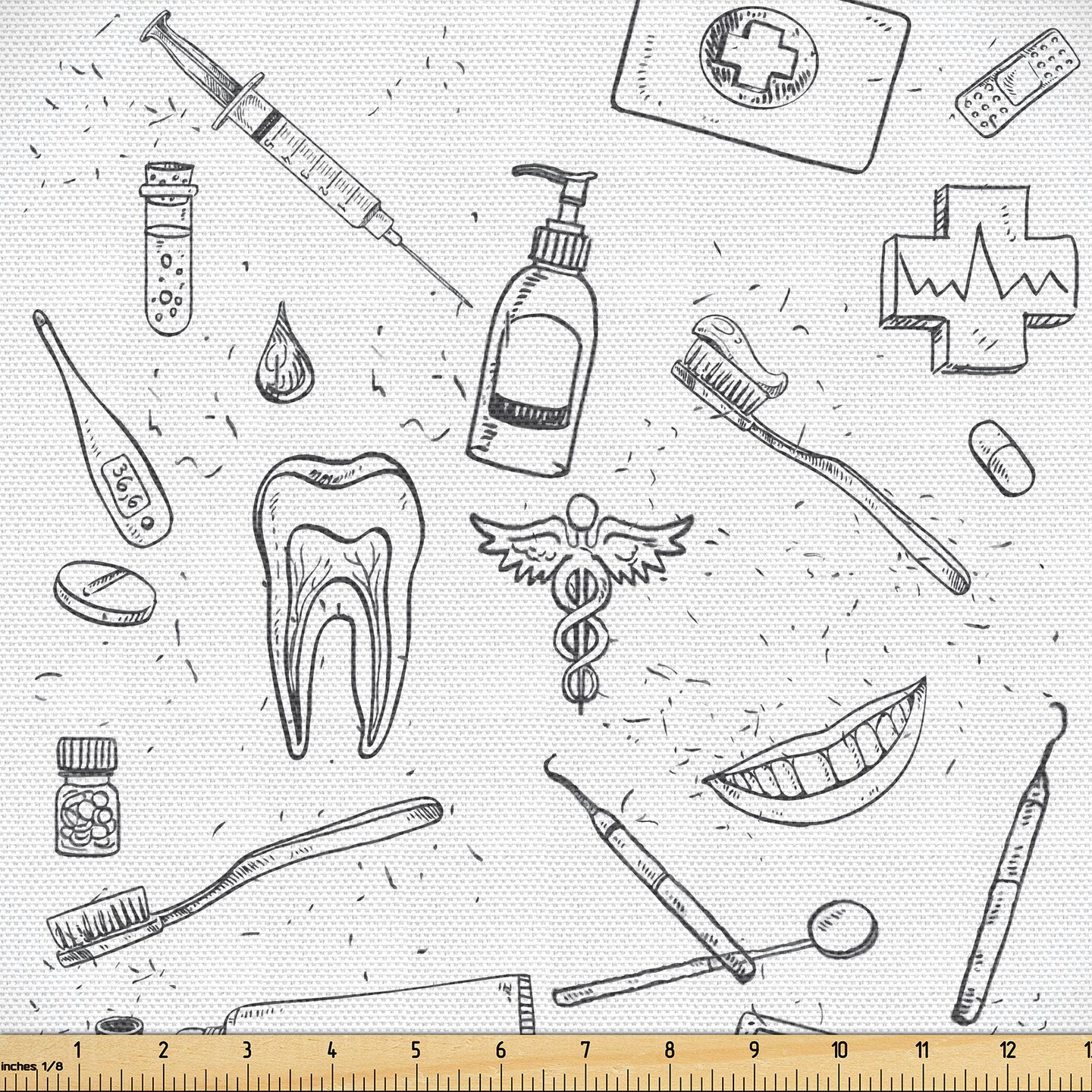 Ambesonne Hipster Fabric by The Yard, Hand Drawn Style Pattern with Dental Hygiene Theme Teeth Care Cleaning, Decorative Fabric for Upholstery and Home Accents, 1 Yard, Black and White