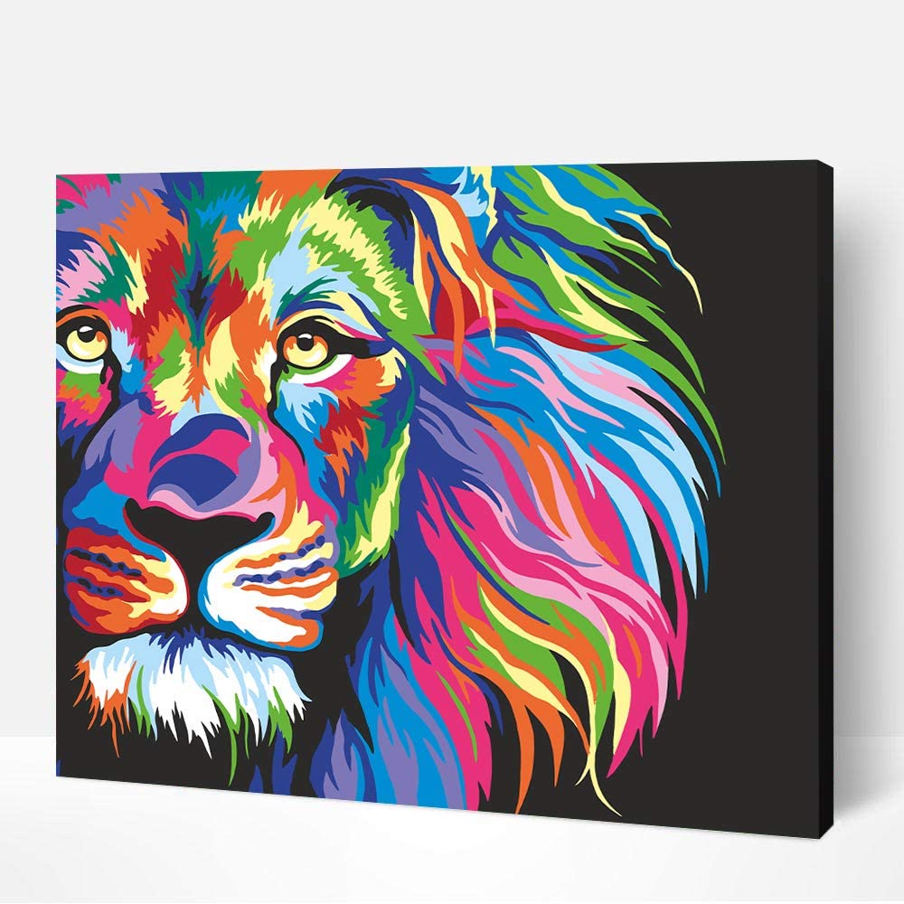 Artwille DIY Paint by Numbers for Adults and Kids, Acrylic Painting Kit - &#x22;Neon Lion&#x22;, 13.8 x 17.7 in