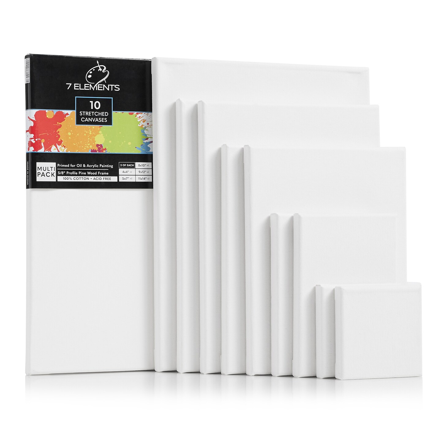 7 Elements (10 pack) Multi-sized Stretched Canvas for Painting - 100% Cotton Pre Primed White Art Canvases