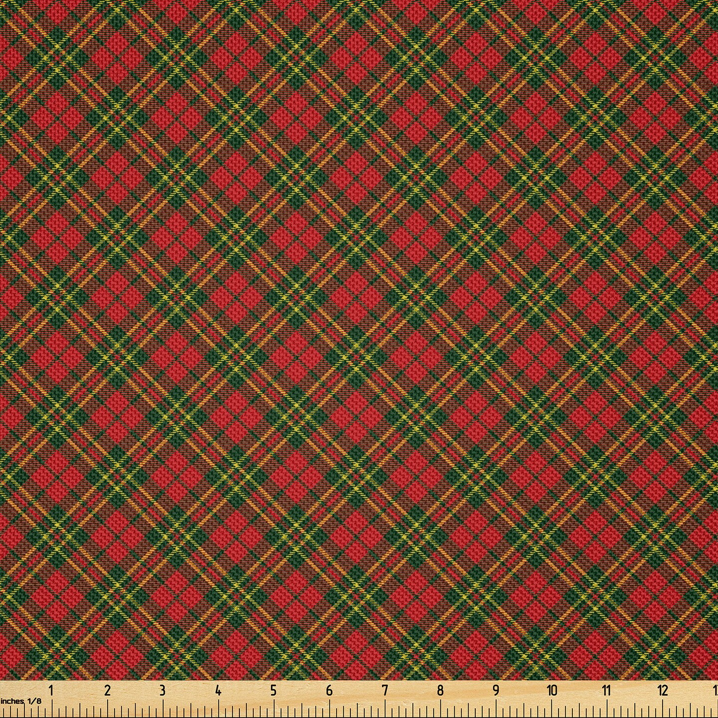 Ambesonne Checkered Fabric by The Yard, Irish Tartan Plaid Motifs Christmas Vibes of Geometrical Stripes, Decorative Satin Fabric for Home Textiles and Crafts, 2 Yards, Emerald Yellow Vermilion