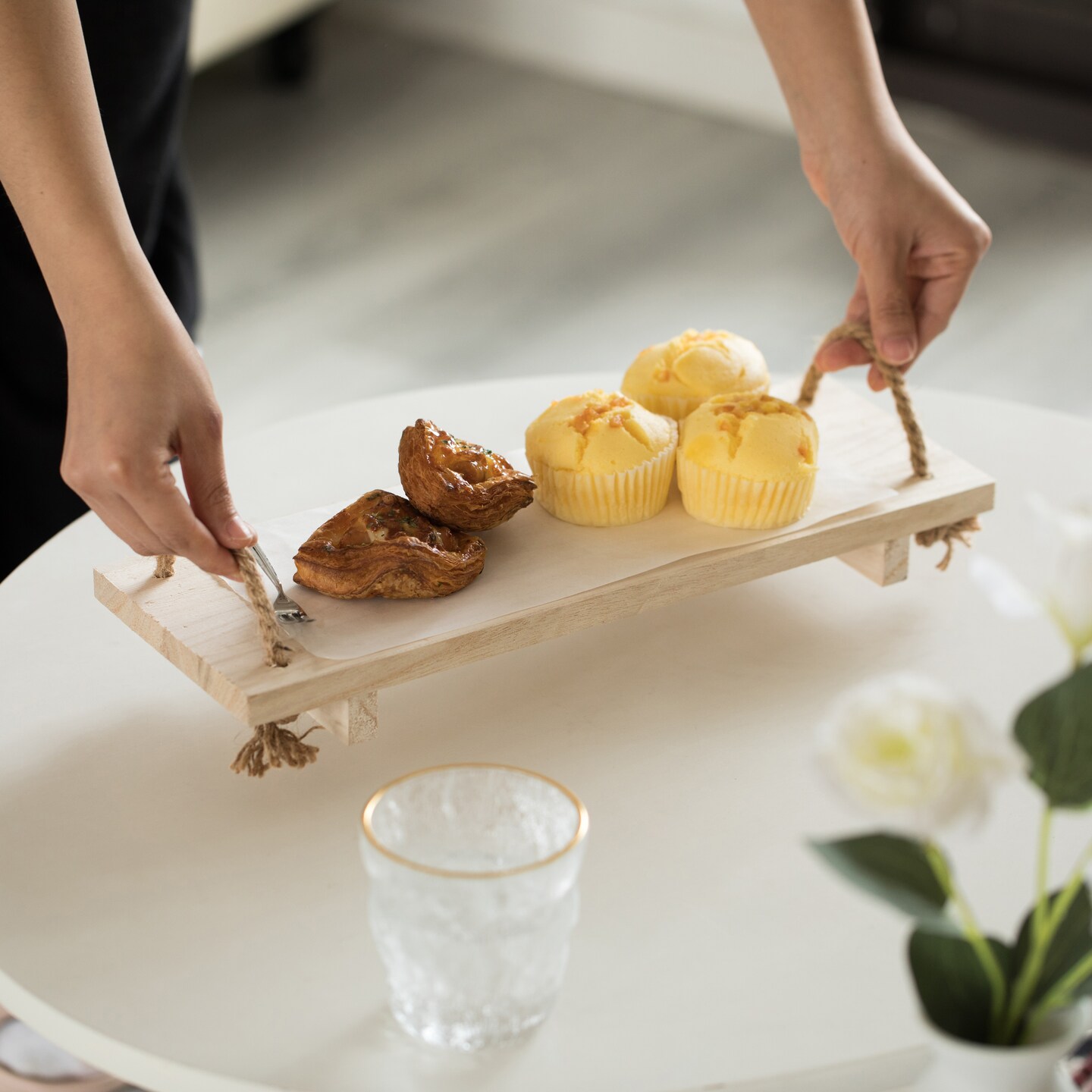 Decorative Natural Wood Rectangular Tray Serving Board with Rope Handles