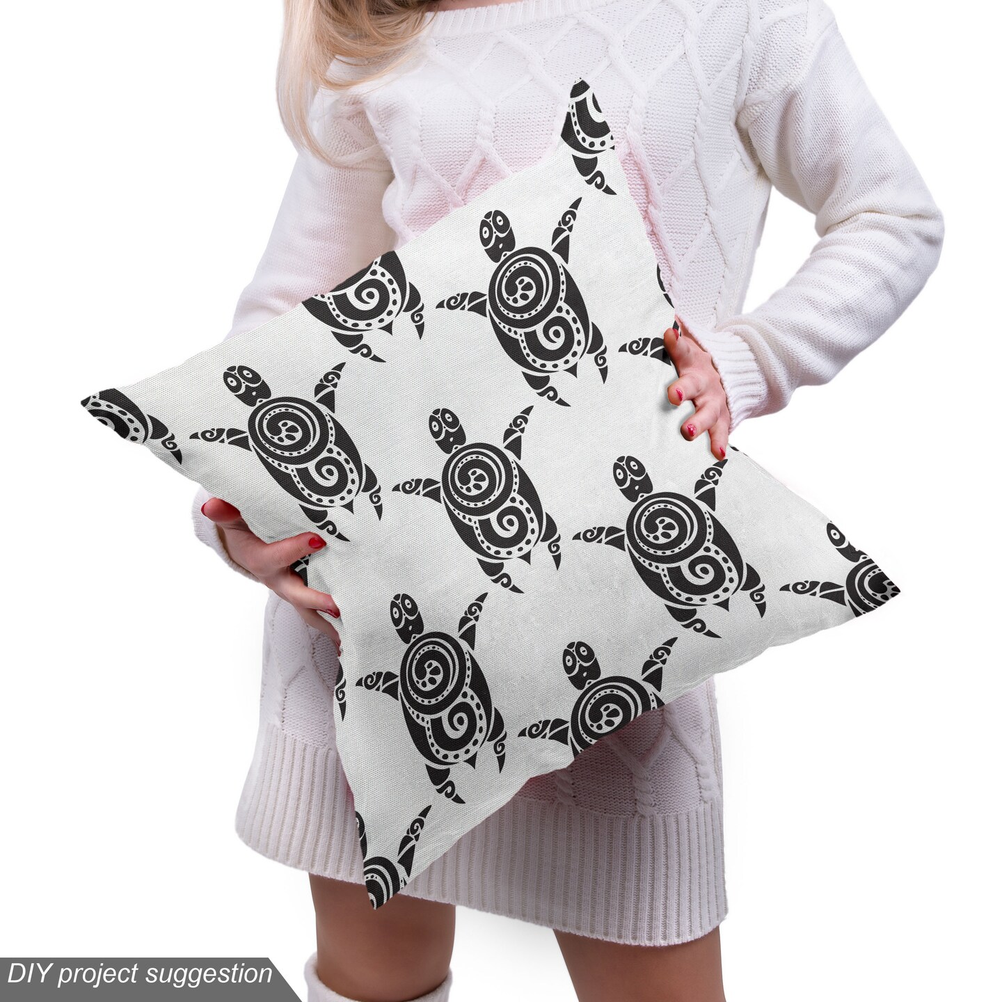 Ambesonne Tattoo Fabric by The Yard, Pattern with Sea Turtles in Maori Style Polynesian Swirly Motifs, Decorative Fabric for Upholstery and Home Accents, 1 Yard, Black White