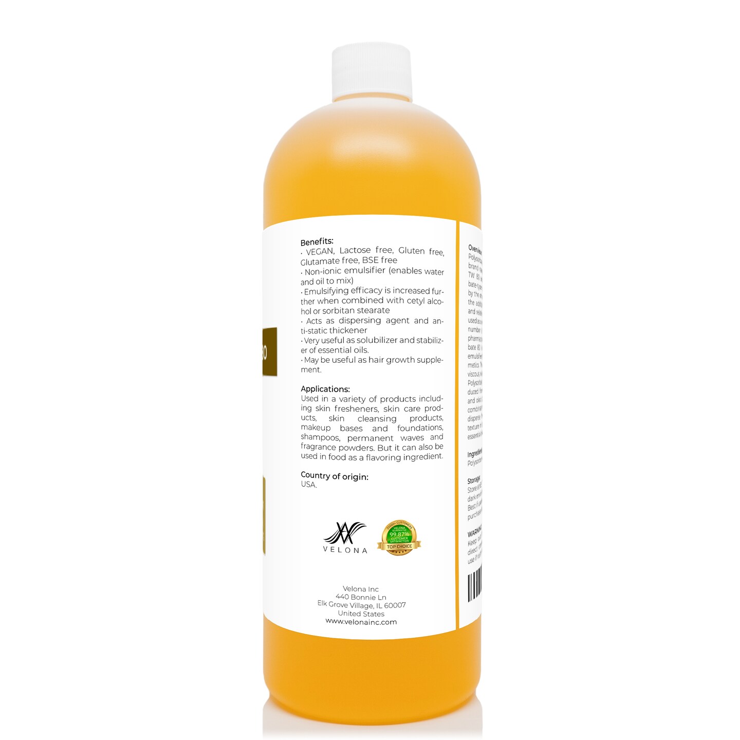 Polysorbate 80 by Velona 32 oz | Solubilizer, Food & Cosmetic Grade | All Natural for Cooking, Skin Care and Bath Bombs, Sprays, Foam Maker | Use Today - Enjoy Results