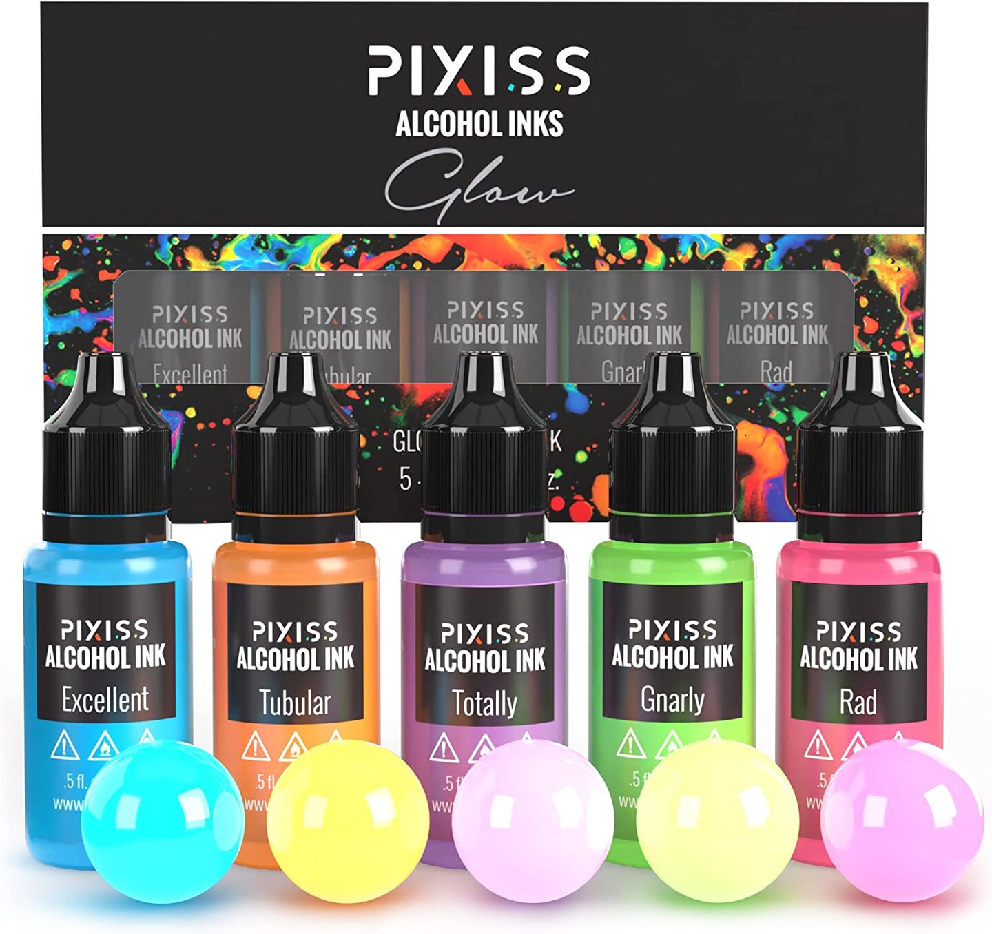 Pixiss Glow In The Dark Alcohol Inks Set, 5 Highly Saturated Glow In The Dark Inks