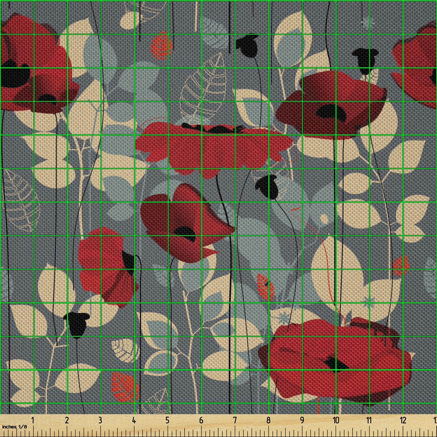 Ambesonne Poppy Flower Fabric by The Yard, Abstraction of a Growing Floral Garden Leaves Botanical Modern Nature, Decorative Satin Fabric for Home Textiles and Crafts, 1 Yards, Grey Red Beige