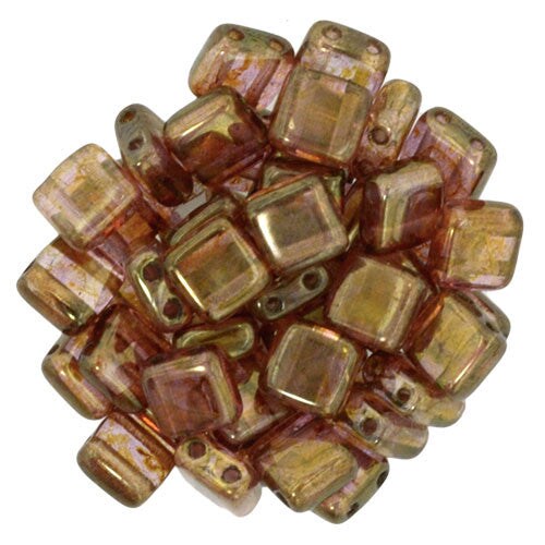 Czechmate 6mm Square Glass Czech Two Hole Tile Bead, Luster Rose/Gold Topaz