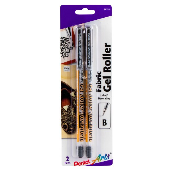 Pentel Arts Gel Roller For Fabric, (1.0mm) Bold Lines, Permanent, Black Ink 2-Pk
