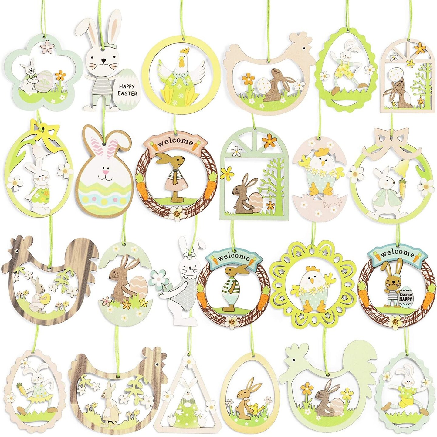 Wood Ornaments for Easter Decorations, Eggs, Chicken, Rabbit (24 Pack