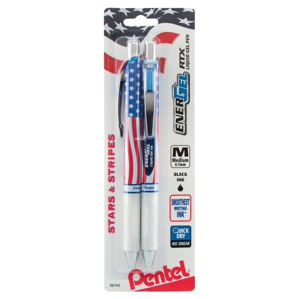 EnerGel RTX Retractable Liquid Gel Pen, Flag Barrel, (0.7mm) Metal Tip,  Medium Line, Black Ink, 2-Pk