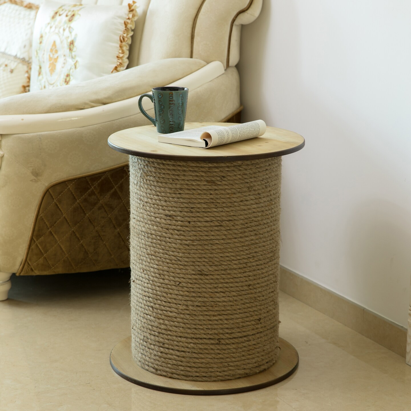 Decorative Round Spool Shaped Wooden Accent Side Table with Rope