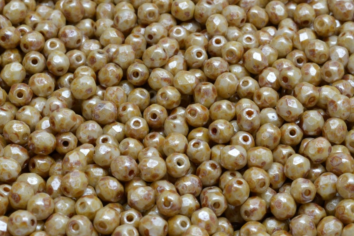 4mm Czech Fire Polish Round Bead, Opaque Ivory Spotted, 50 pieces