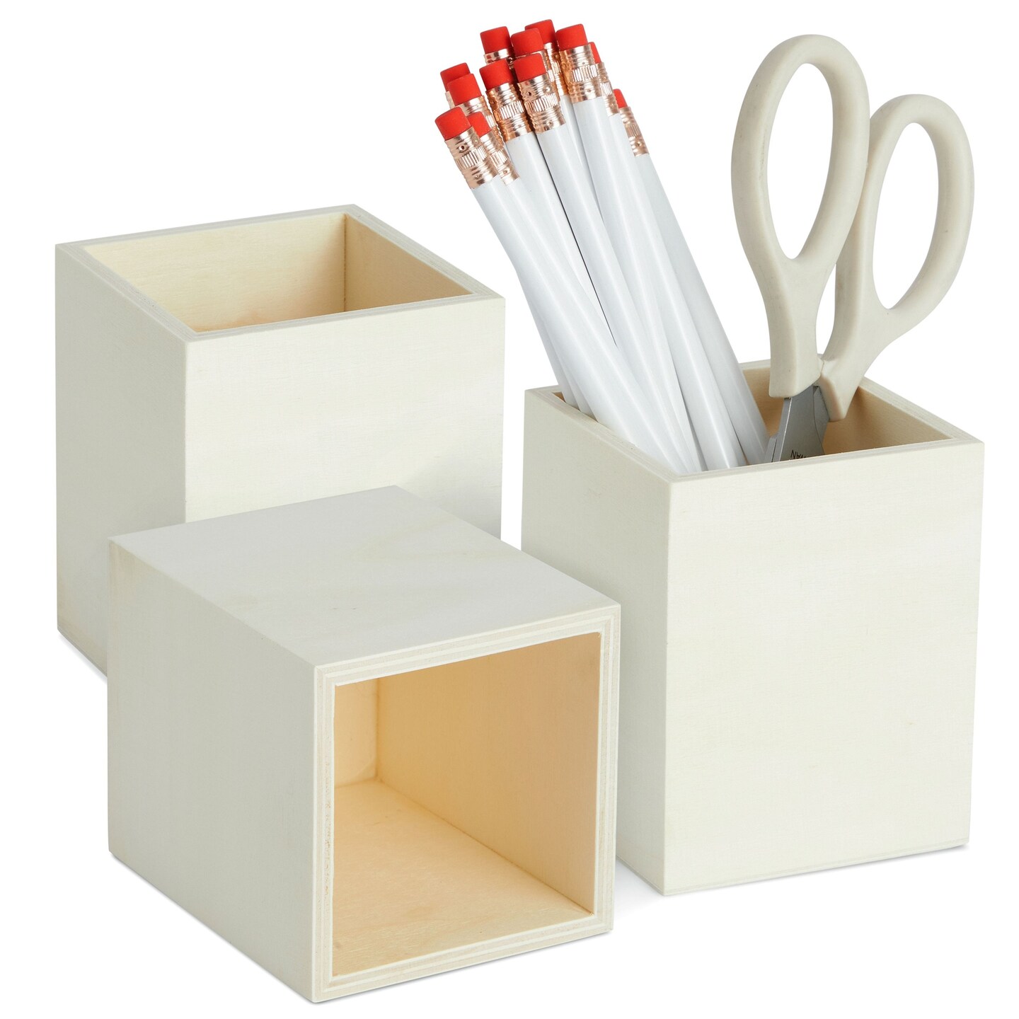 3 Pack Unfinished Wood Pencil Holder Cups for Office - Pen Accessories Organizer and Storage for Classroom Desk (3 in)
