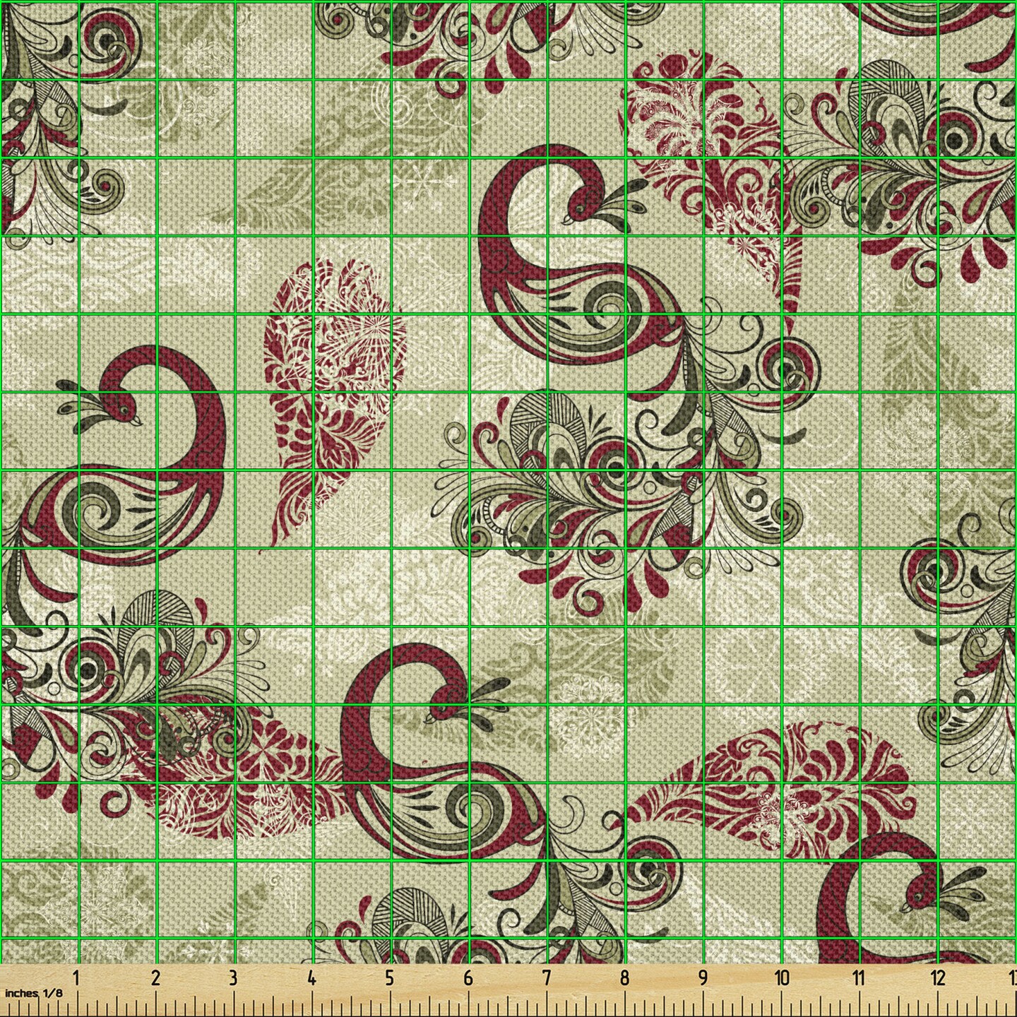 Ambesonne Peacock Fabric by The Yard, Winter Pattern Peacocks Snowflakes Floral Paisley Ornate, Decorative Satin Fabric for Home Textiles and Crafts, 1 Yards, Ruby Olive Green Cream