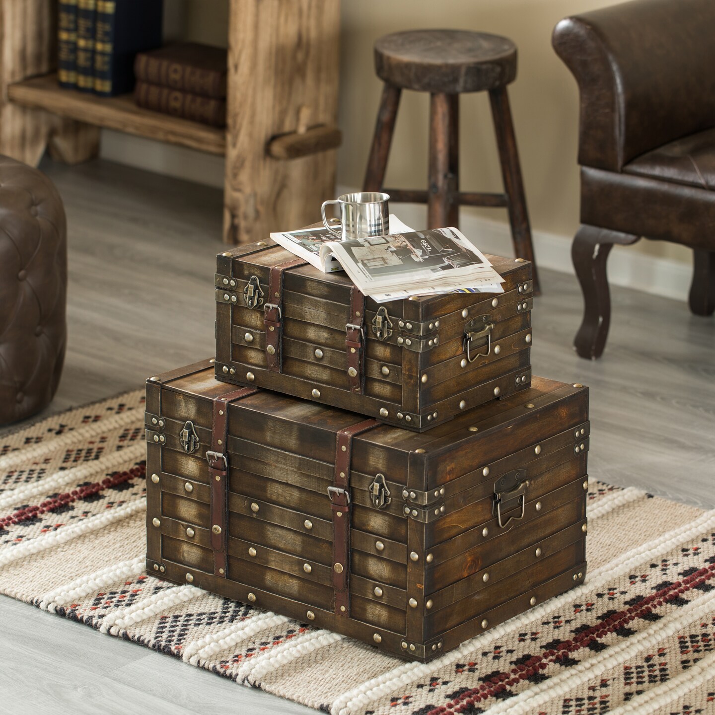 Wooden Brown Storage Trunk with Faux Leather Straps and Handles