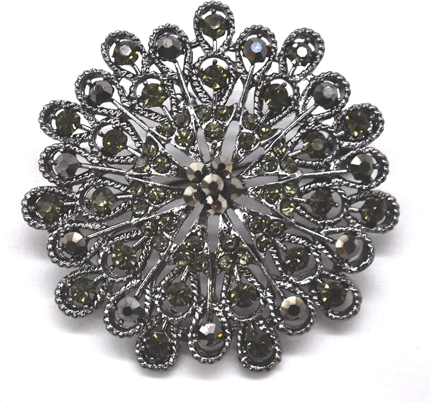Belagio Rhinestone Brooch, 3" Diameter, 1 Piece, Peacock Medallion, Black/Metal Gray
