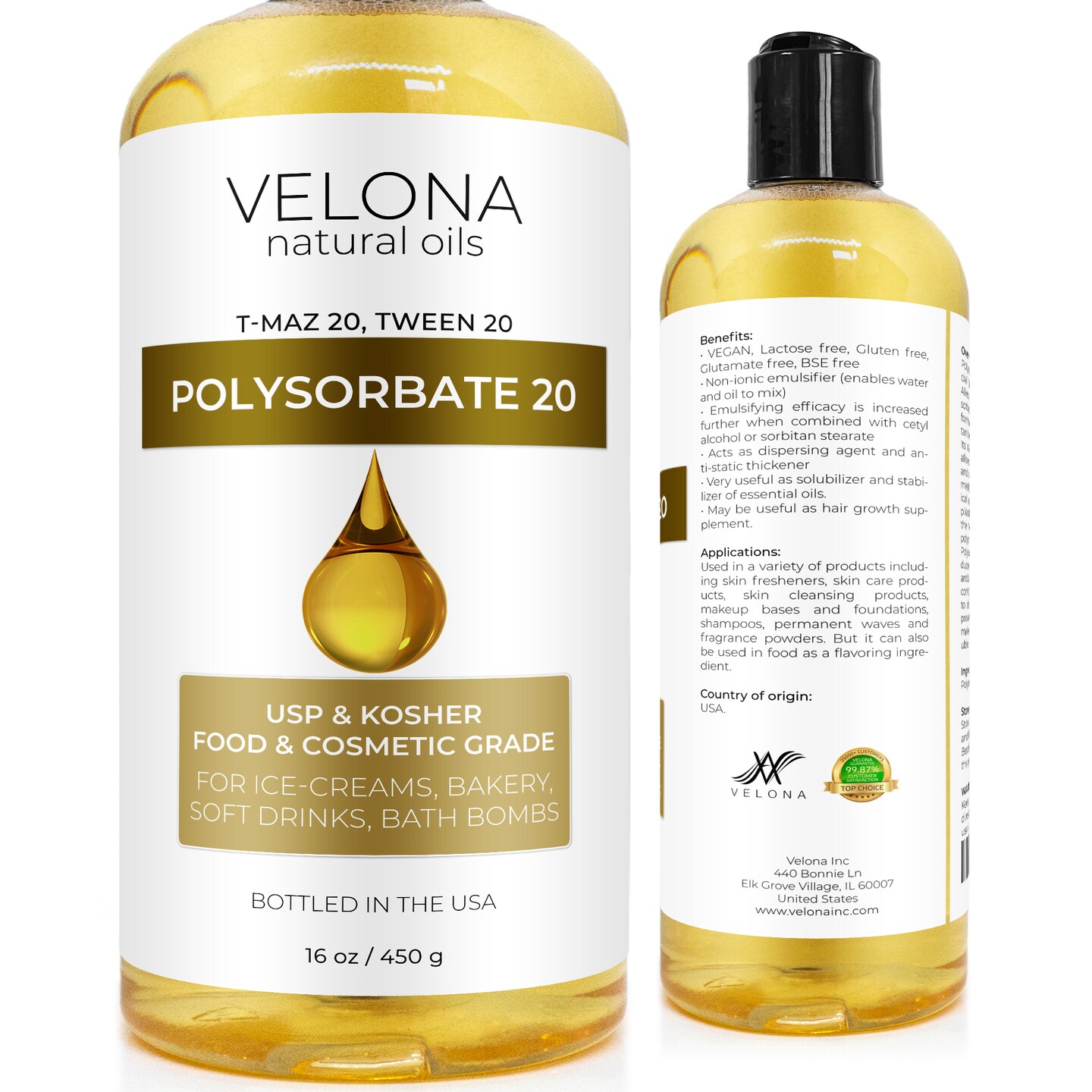 Polysorbate 20 by Velona - 16 oz | Solubilizer, Food & Cosmetic Grade | All Natural for Cooking, Skin Care and Bath Bombs | Use Today - Enjoy Results