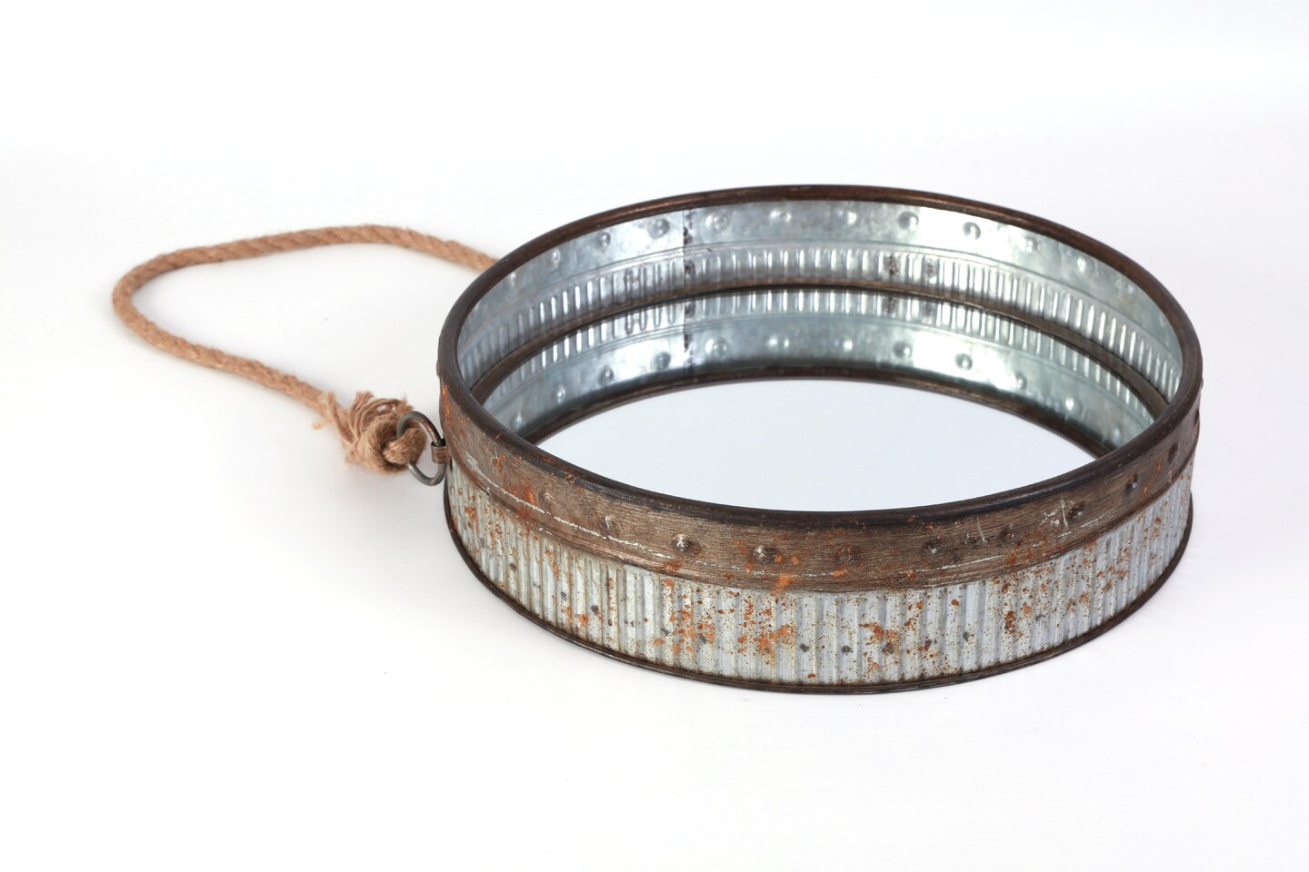Galvanized Metal Framed Round Wall Mirror with Rope