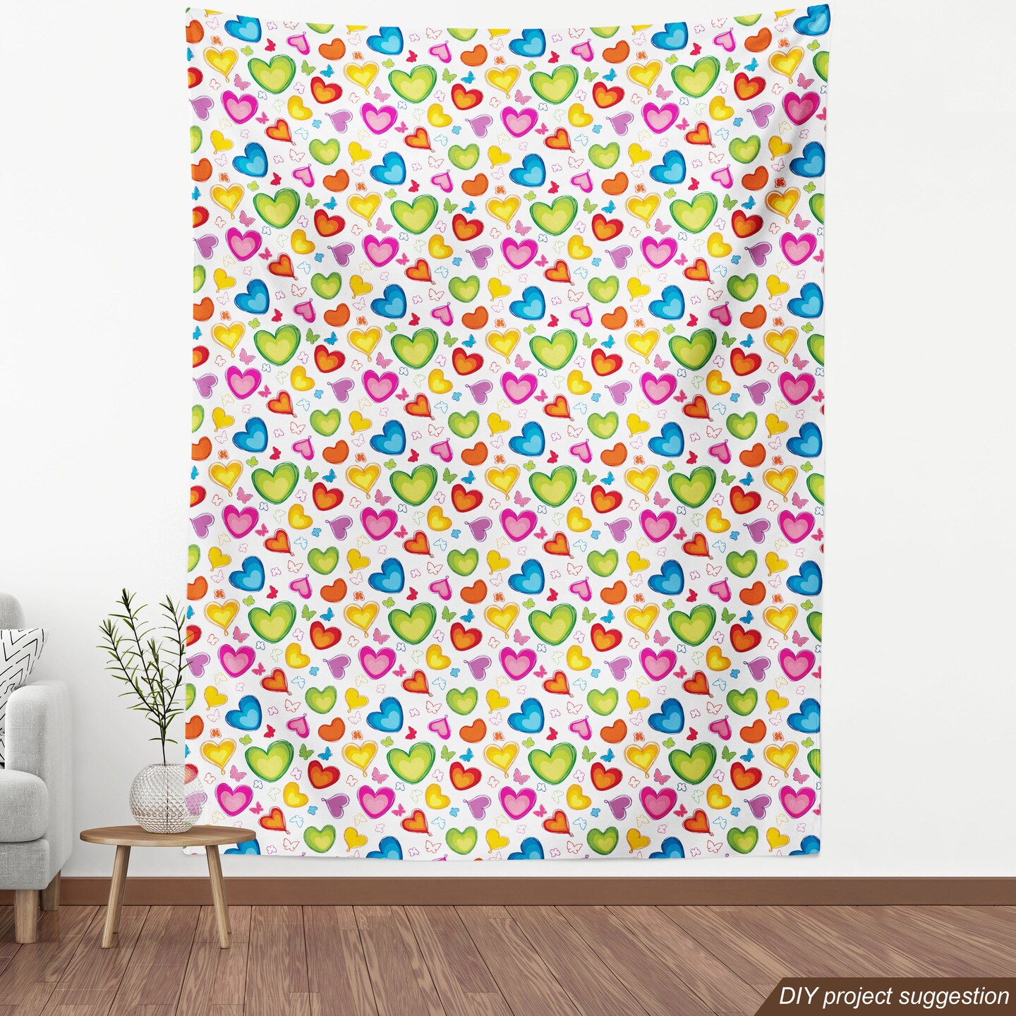 Ambesonne Love Fabric by The Yard, Colorful Hearts and Butterflies Silhouettes Doodle Style Happy Valentines Day Pattern, Decorative Fabric for Upholstery and Home Accents, 3 Yards, Green Red