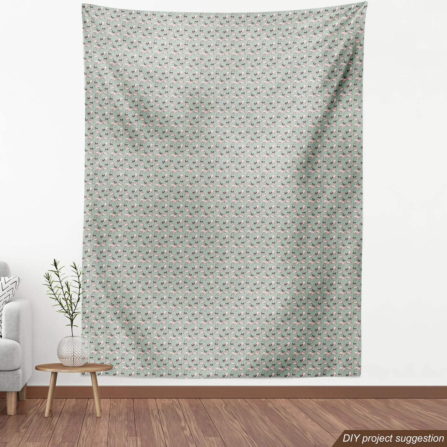 Ambesonne Pug Fabric by The Yard, Dogs Various States Sitting Standing Stretching Cartoon Style Pet Drawing, Decorative Fabric for Upholstery and Home Accents, 3 Yards, Turquoise