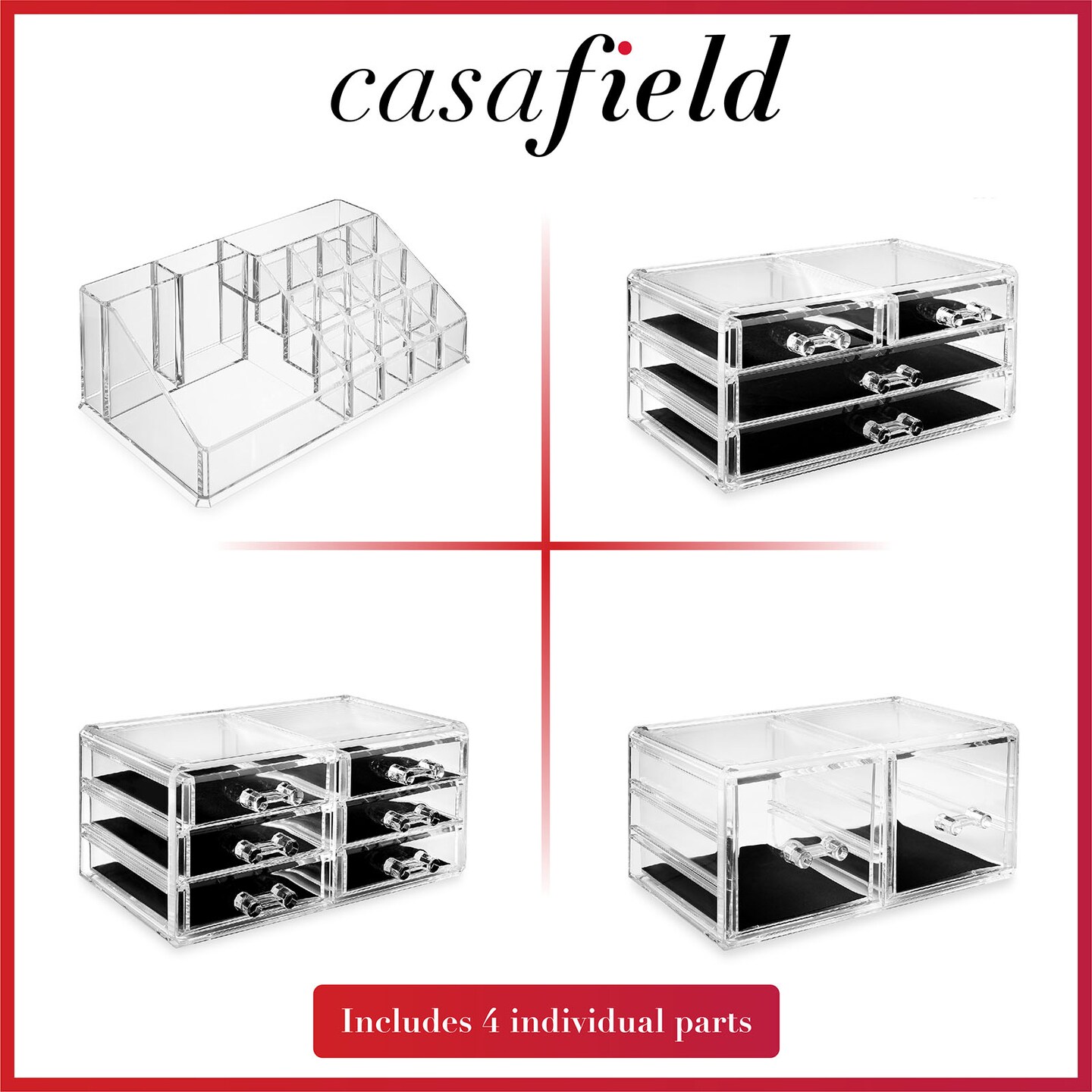 Casafield Acrylic Cosmetic Makeup Organizer &#x26; Jewelry Storage Display Case - Large 16 Slot, 2 Box &#x26; 10 Drawer Set - Clear