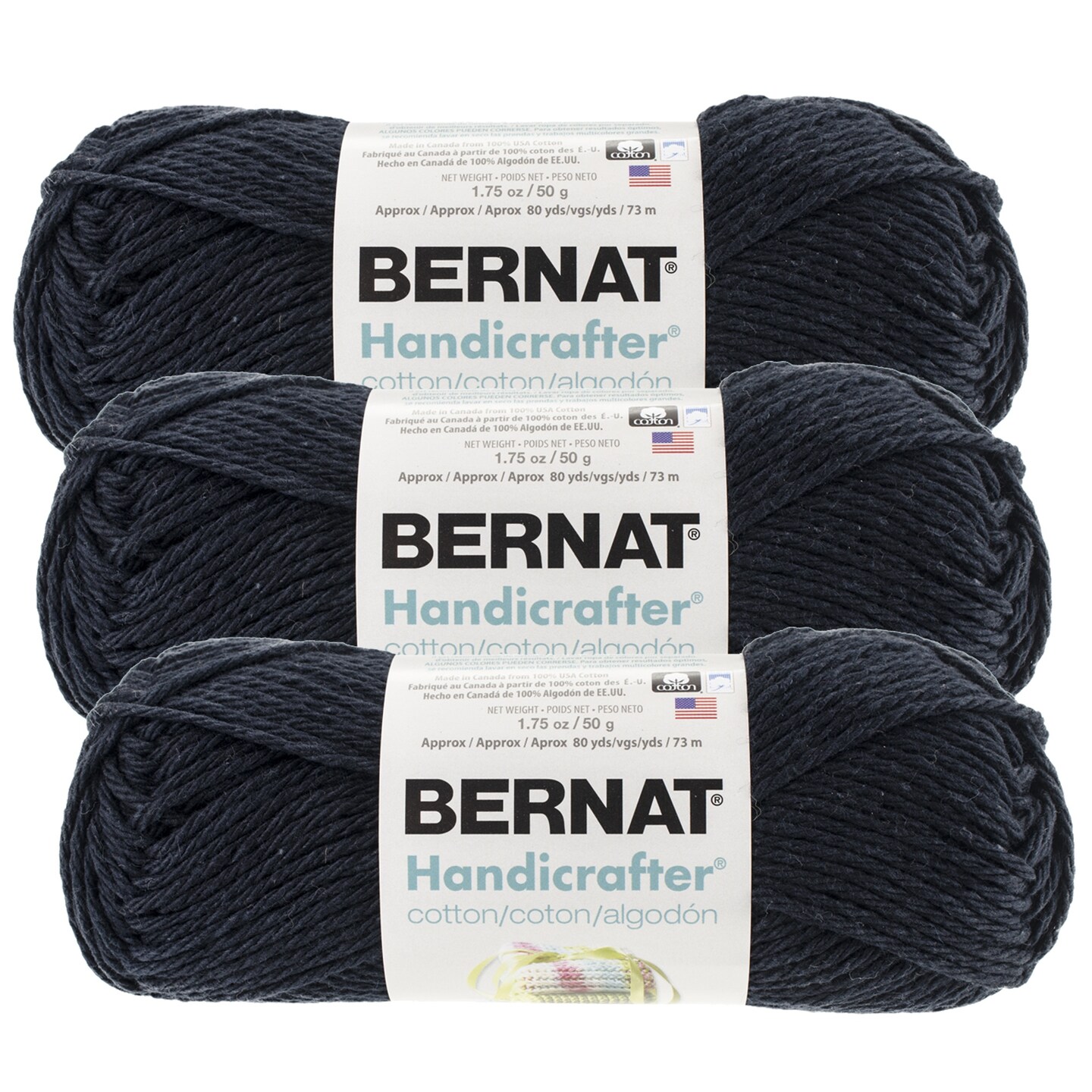 (Pack of 3) Bernat Handicrafter Cotton Yarn - Solids-Black Licorice