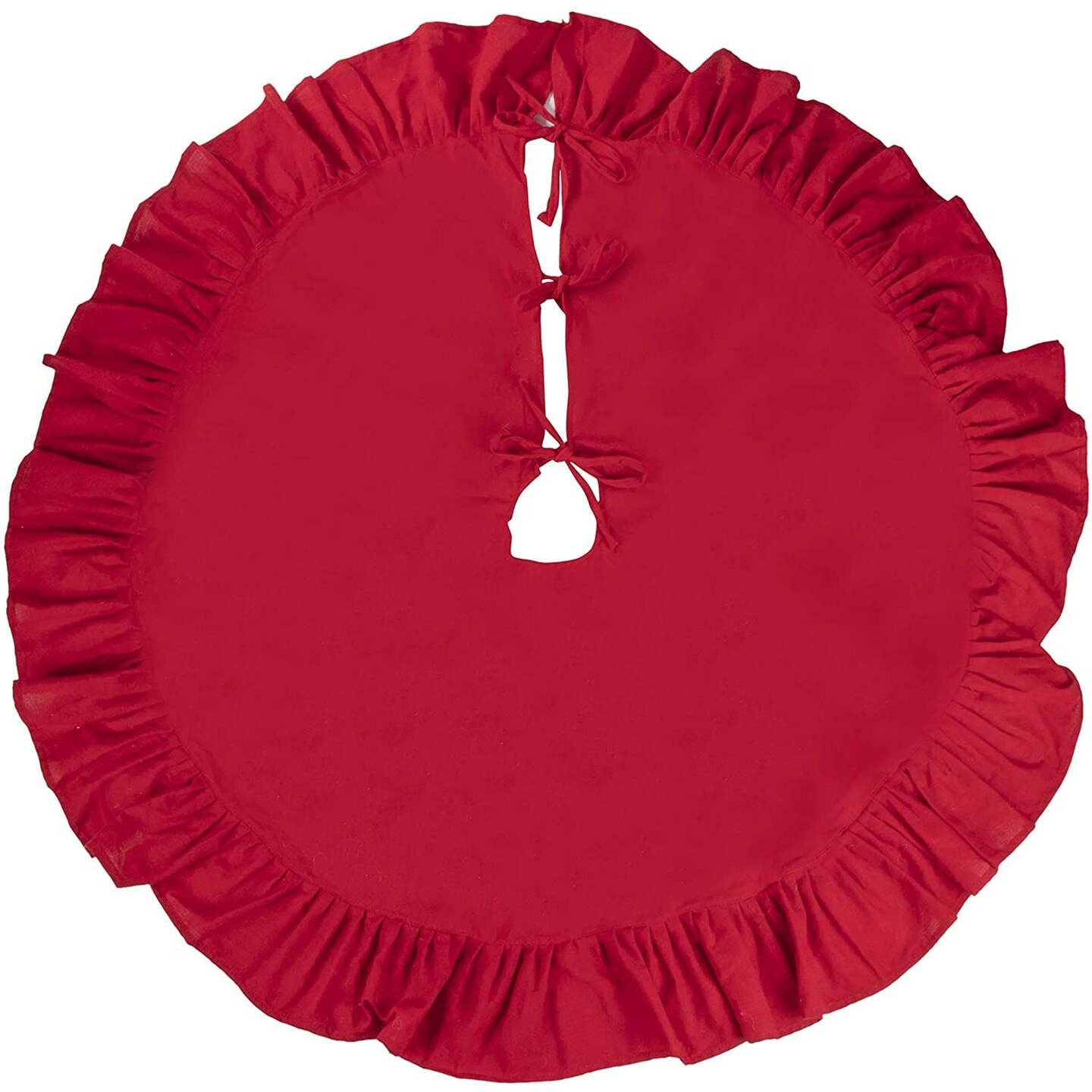 Red Linen Christmas Tree Skirt with Ruffled Trim for Holiday Decor (50 in)