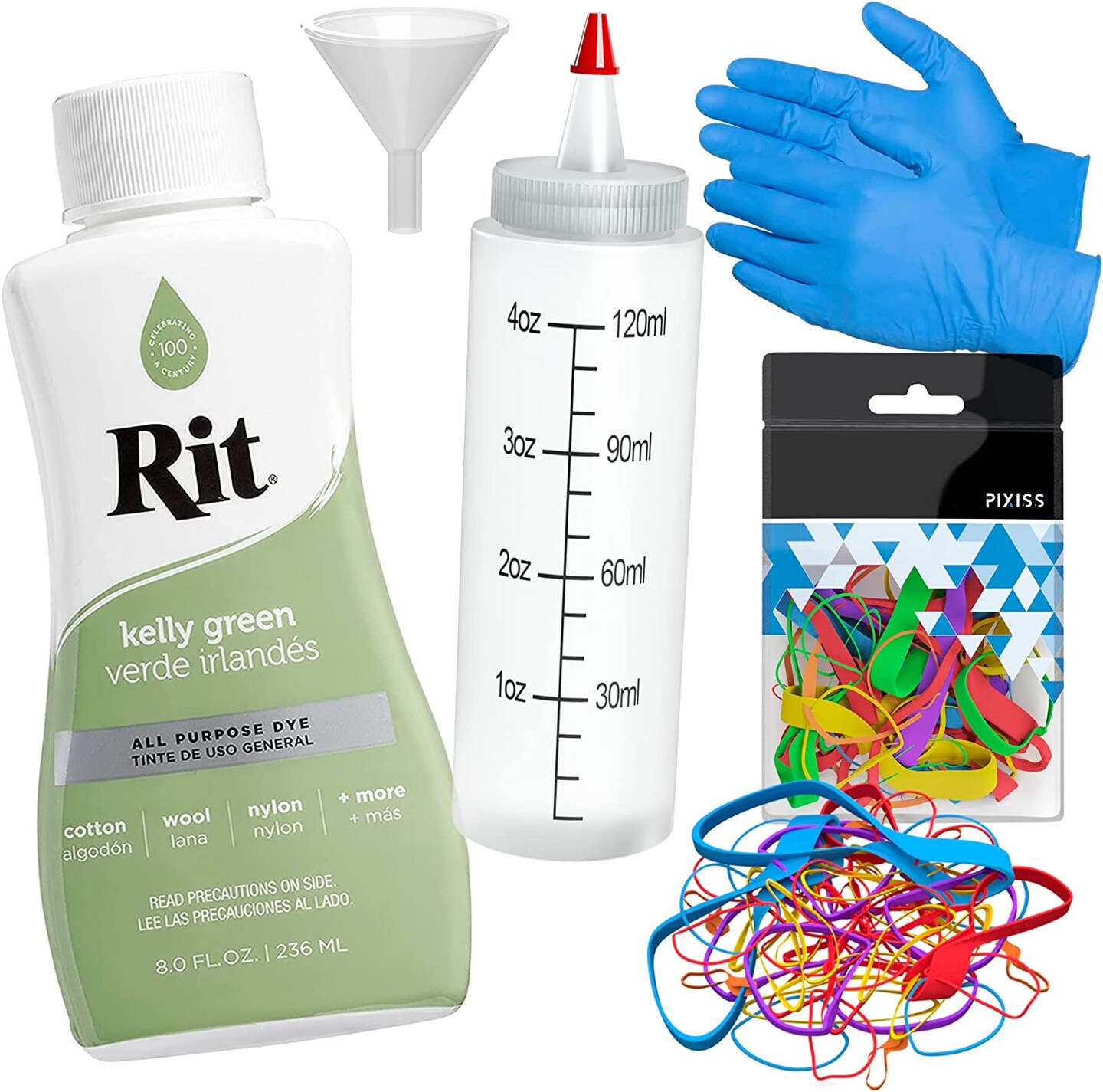 Rit Dye Liquid Kelly Green All-Purpose Dye 8oz, Pixiss Tie Dye Accessories Bundle