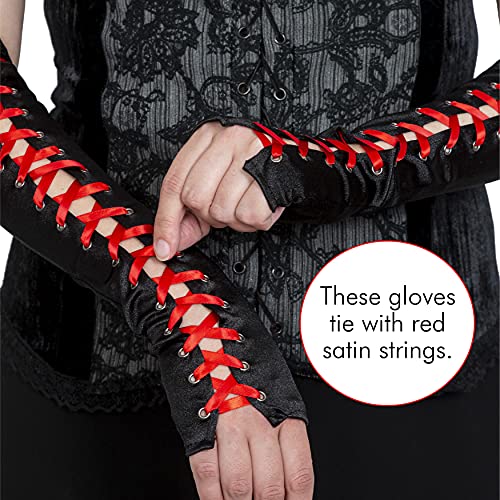 Fingerless Lace Up Gloves - Long Black Costume Elbow Arm Warmer Accessories with Red Satin Laced Tie for Dress Up