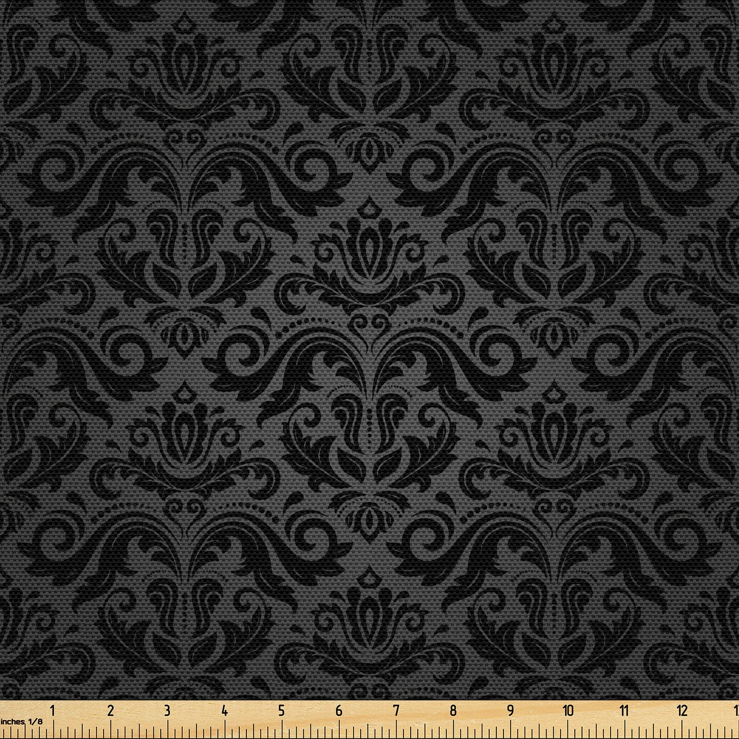 Ambesonne Dark Grey Fabric by The Yard, Black Damask and Floral Elements Oriental Antique Ornament Vintage, Decorative Fabric for Upholstery and Home Accents, 2 Yards, Black Grey
