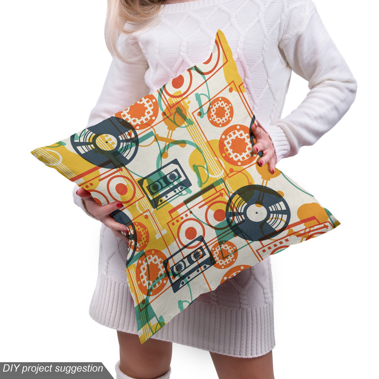 Ambesonne Music Fabric by The Yard, Pattern with Musical Instruments in Flat Design Style Cassette Radio Vinyl Nostalgic, Decorative Fabric for Upholstery and Home Accents, 5 Yards, Yellow Grey