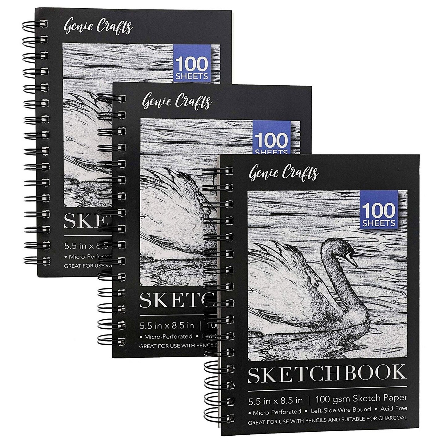 3-Pack Art Sketchbook, Spiral Bound Drawing Drawing Pad, 100 Ivory Color Sheets Each, 8.5 x 5.5 Inches