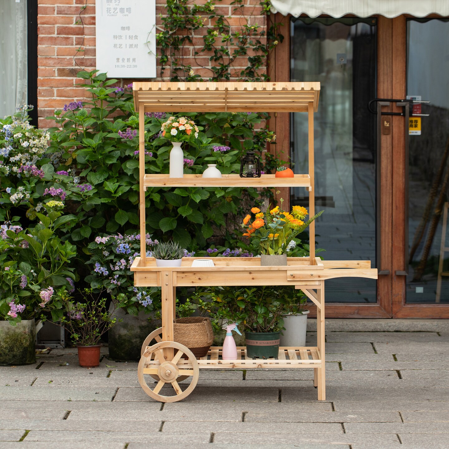 Antique Solid Wood Decor Display Rack Cart Wood Plant Stands with Wheels for Decor Display | 2 Wheeled Wood Wagon with Shelves for Plants and More