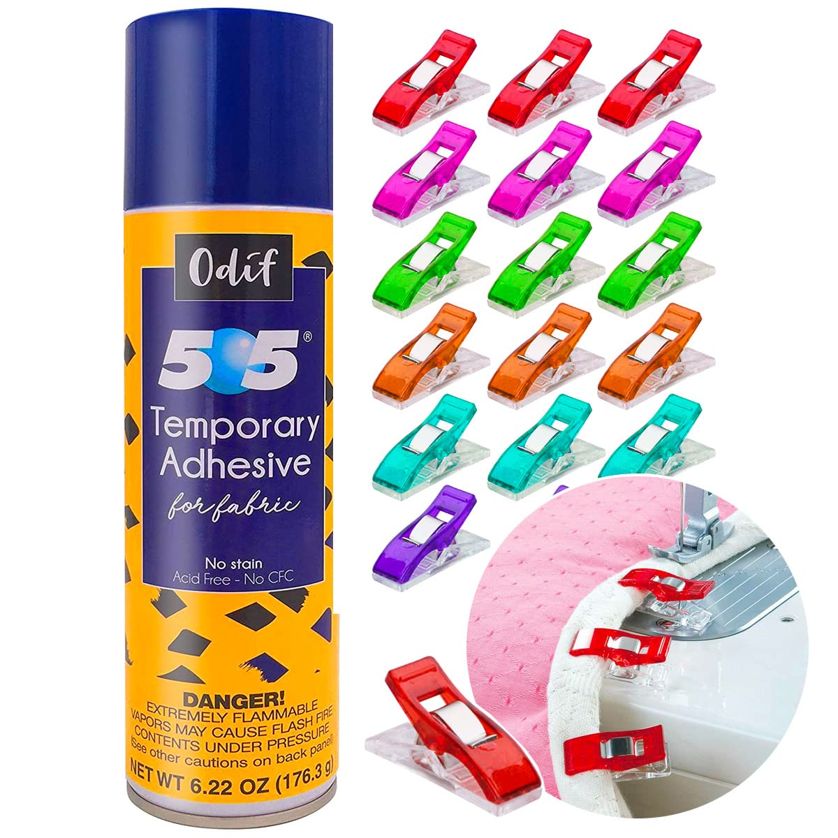 Odif 505 Spray and Fix Temporary Fabric Adhesive 6.22oz, 25 Sewing Fabric Clips