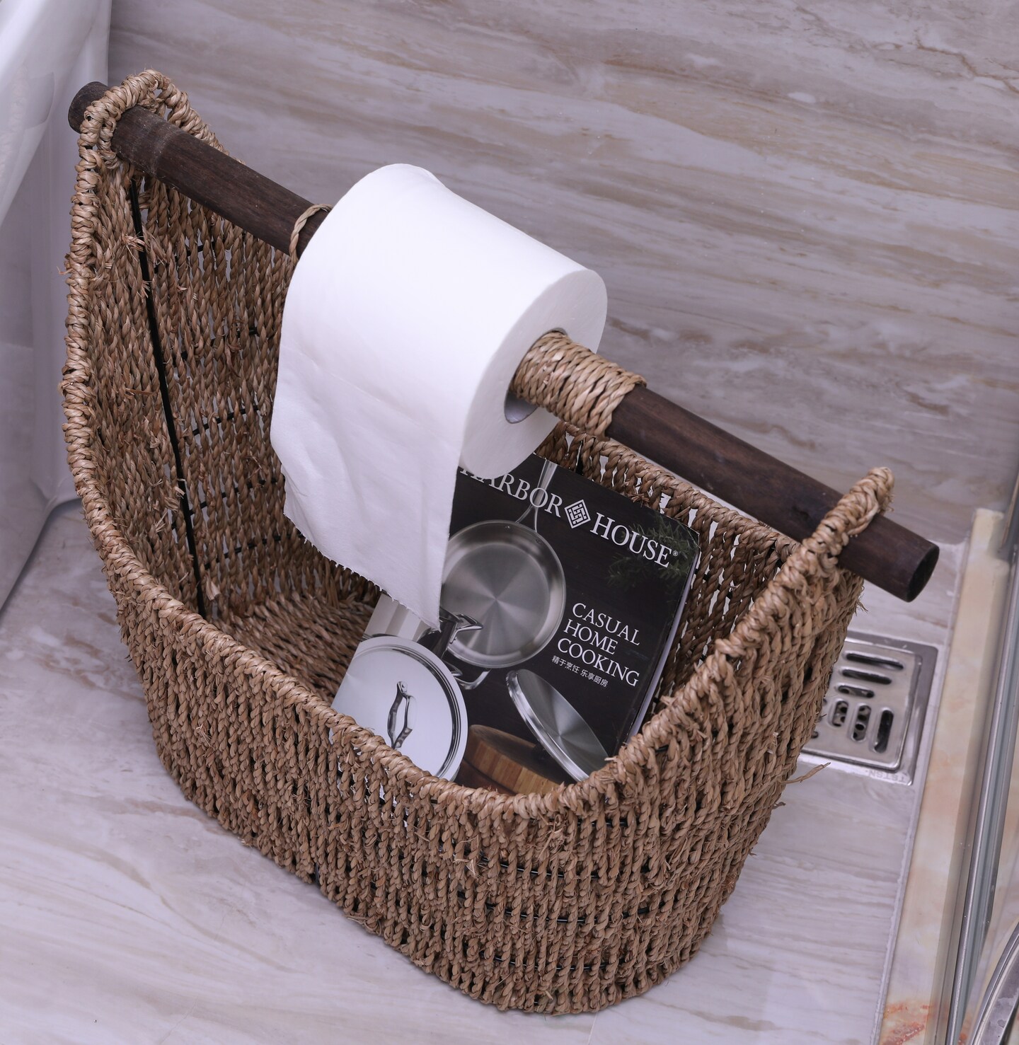 Seagrass Decorative Bathroom Basket &#x2013; Handwoven Magazine Rack, Storage Organizer for Small Essentials, Washcloths and Toiletries, with Wooden Rod Toilet Paper Holder for Easy Dispensing
